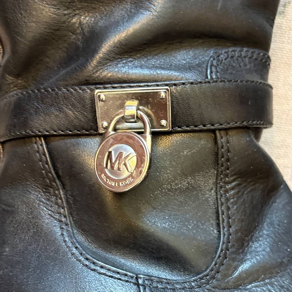 Michael Kors Black Leather Riding Boots with Logo Charm - Picture 2 of 4